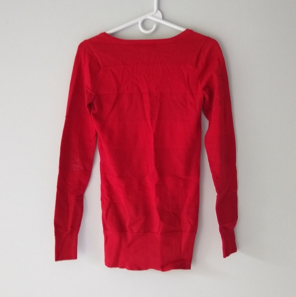 Guess Red Deep V-Neck Sweater, Wide Red Glittery Metallic Stripes, Medium - Picture 3 of 9